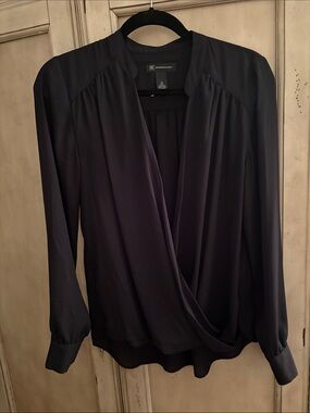 INC International Concepts Black Draped Surplice Long-Sleeve Blouse